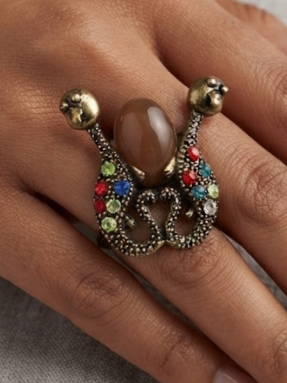 Antique Brass Tone Butterfly Ring with Brown Cabochon and Multicolor Rhinestones
